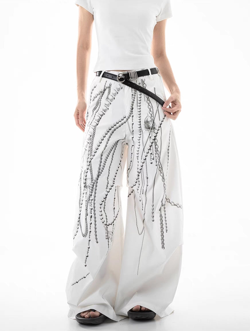 Pearl Chain Print Wide-Leg Pants