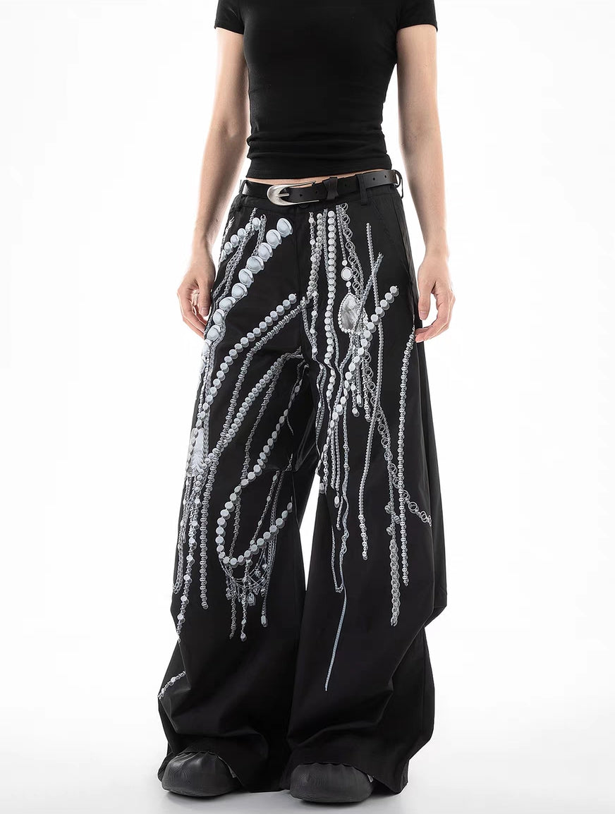 Pearl Chain Print Wide-Leg Pants