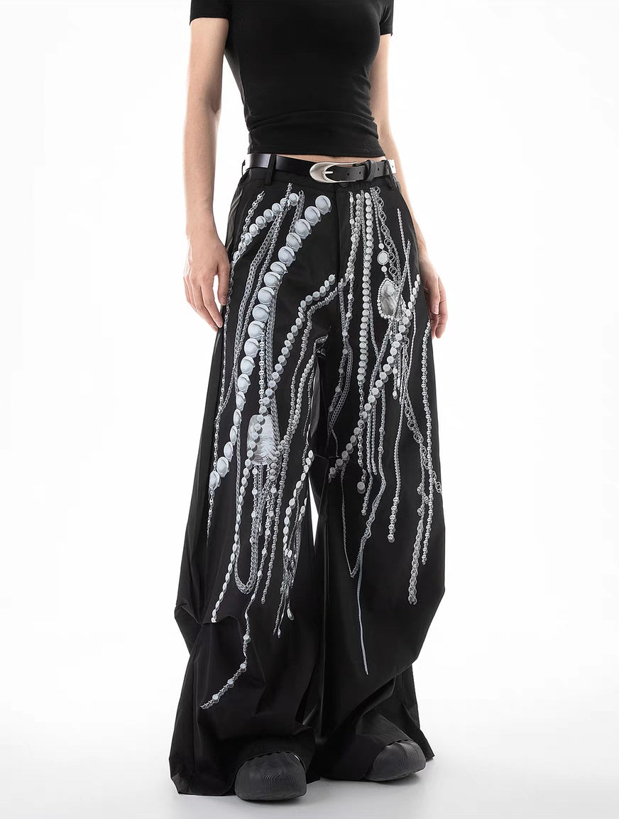 Pearl Chain Print Wide-Leg Pants