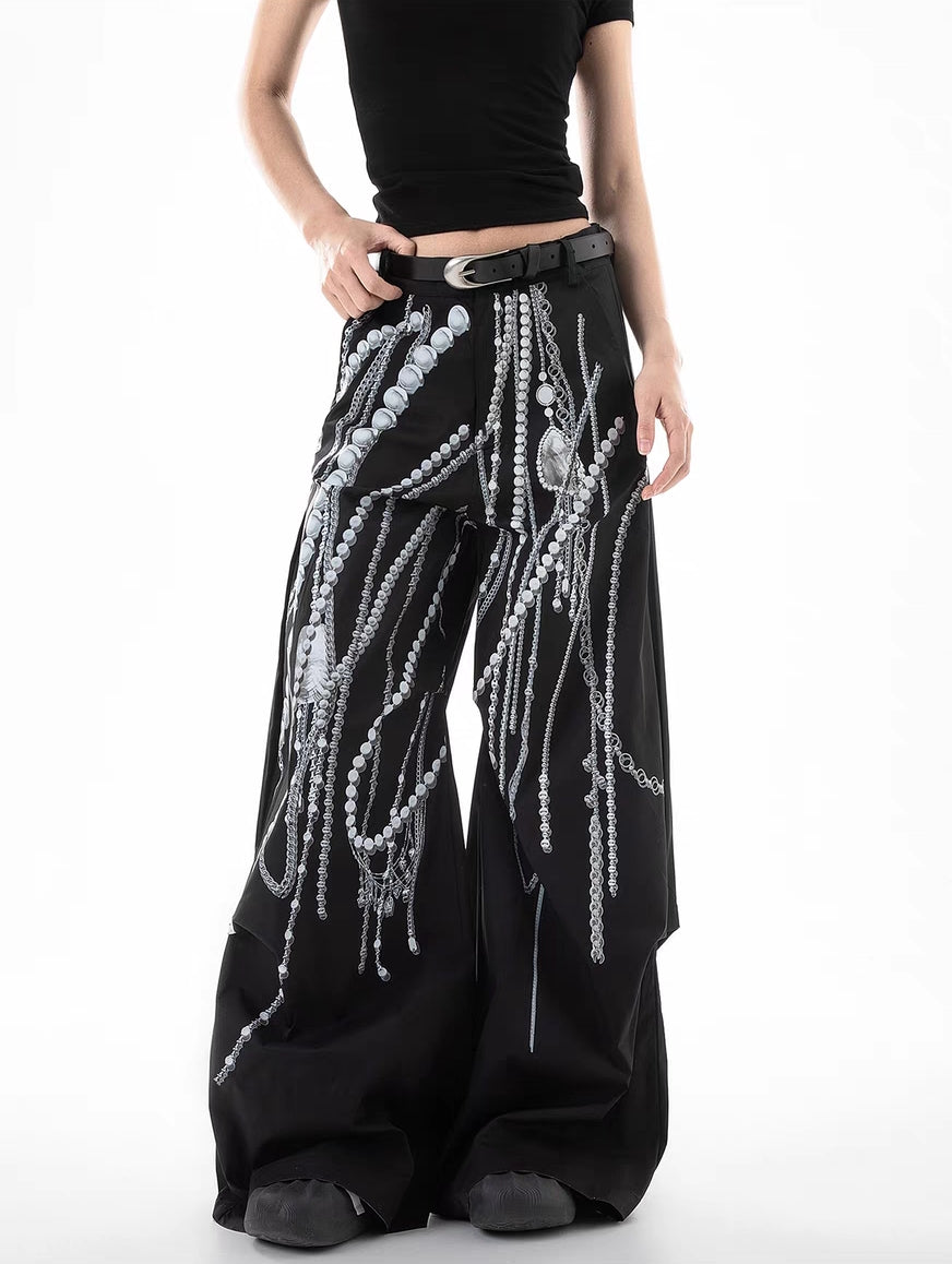 Pearl Chain Print Wide-Leg Pants