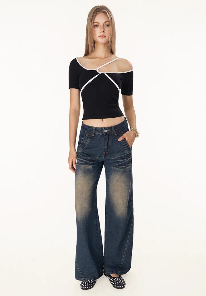 Asymmetric Cutout Colorblock Knit Top