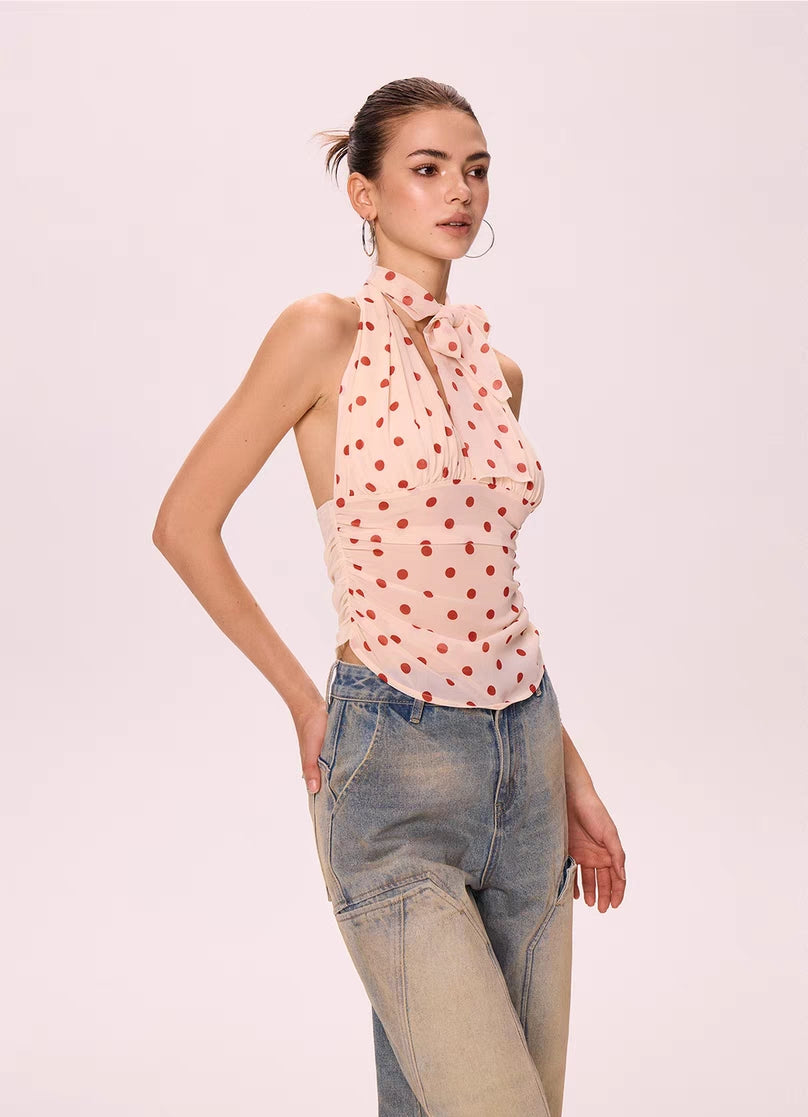 Polka Dot Halter Neck Chiffon Top