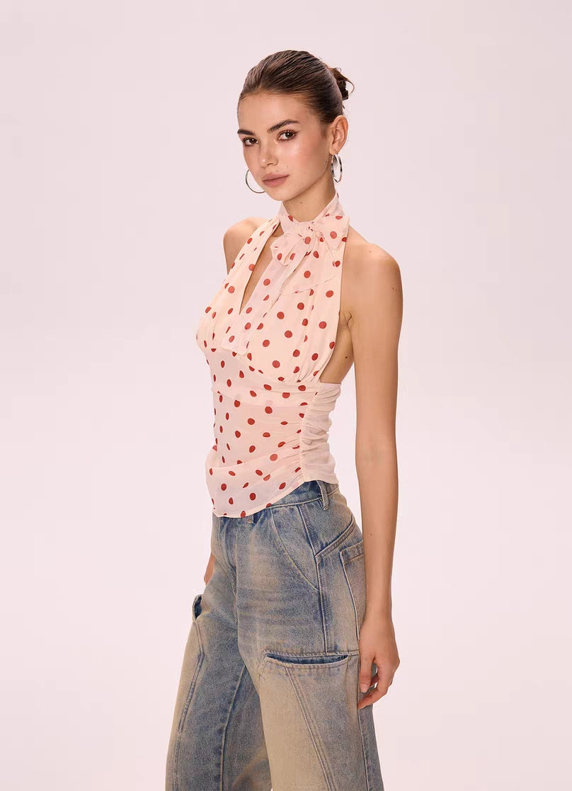 Polka Dot Halter Neck Chiffon Top