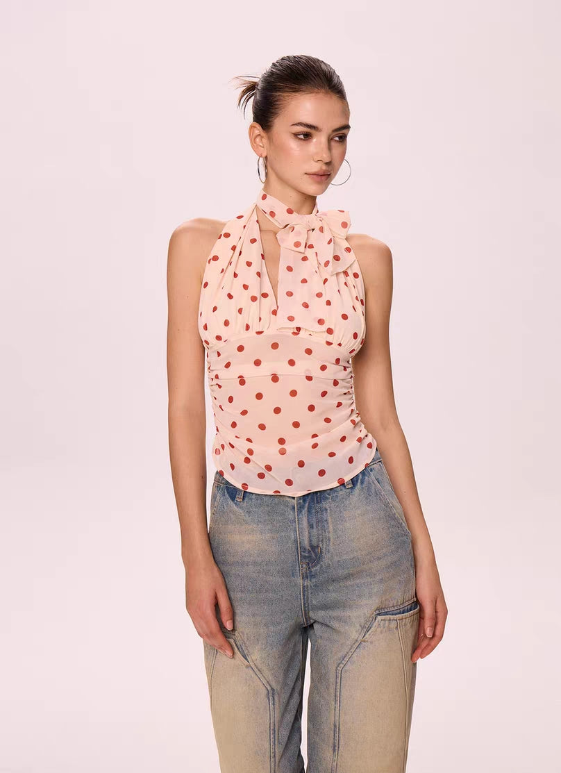 Polka Dot Halter Neck Chiffon Top