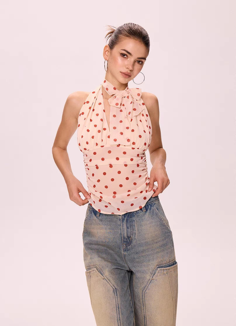 Polka Dot Halter Neck Chiffon Top