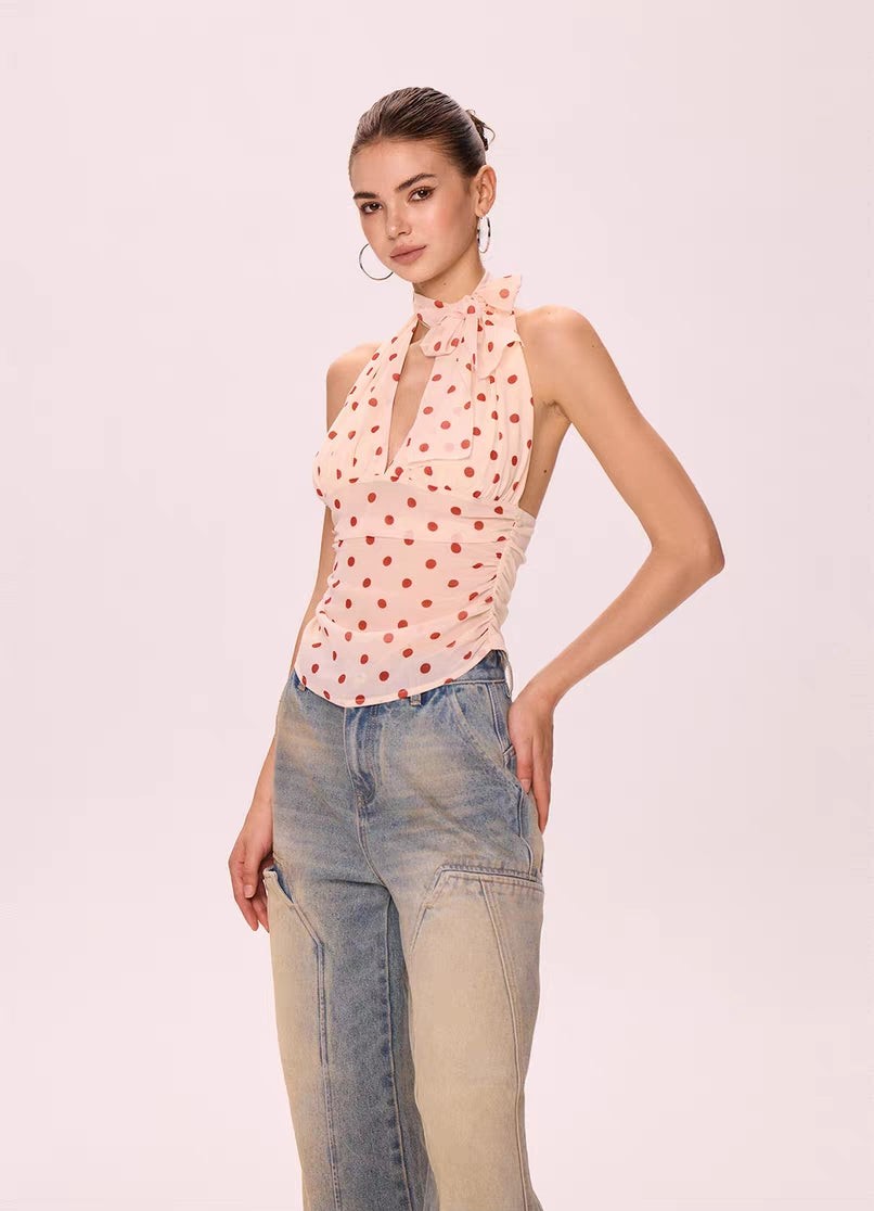 Polka Dot Halter Neck Chiffon Top