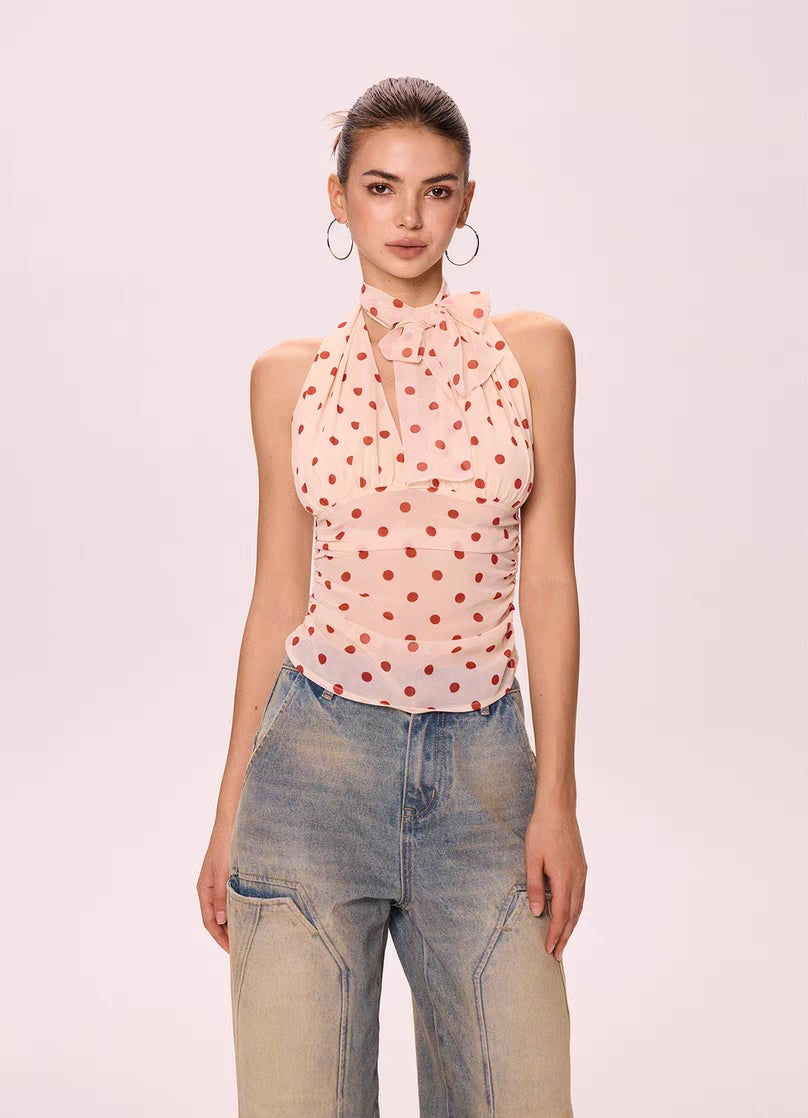Polka Dot Halter Neck Chiffon Top