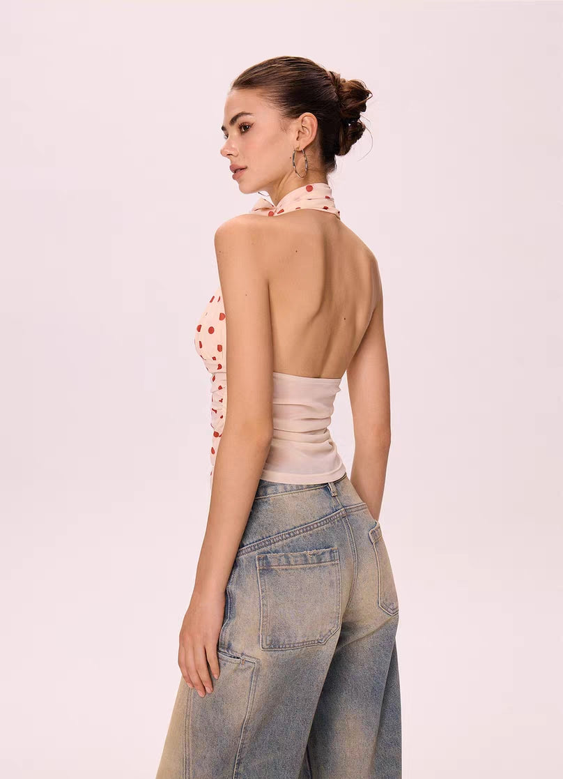 Polka Dot Halter Neck Chiffon Top