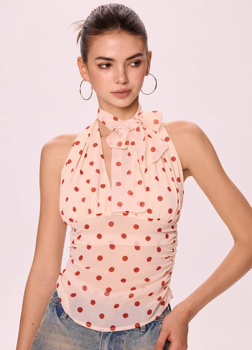 Polka Dot Halter Neck Chiffon Top