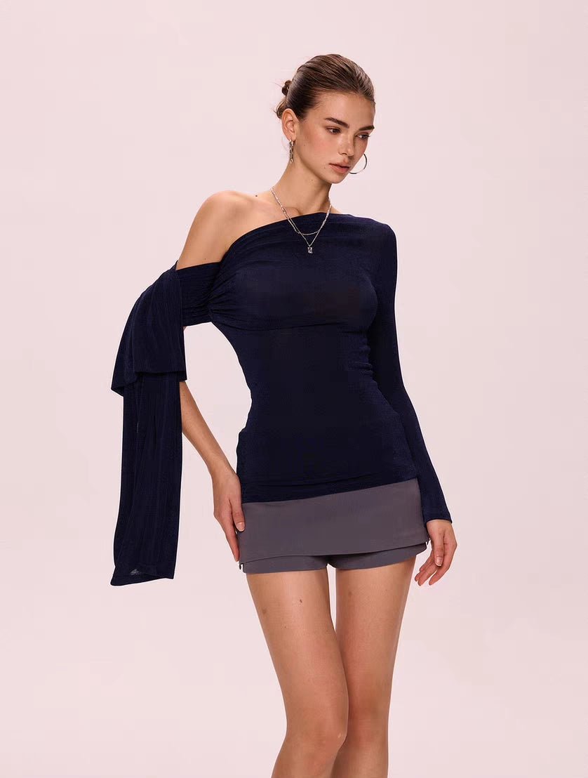 Asymmetric One-Shoulder Tie-Sleeve Slim Top