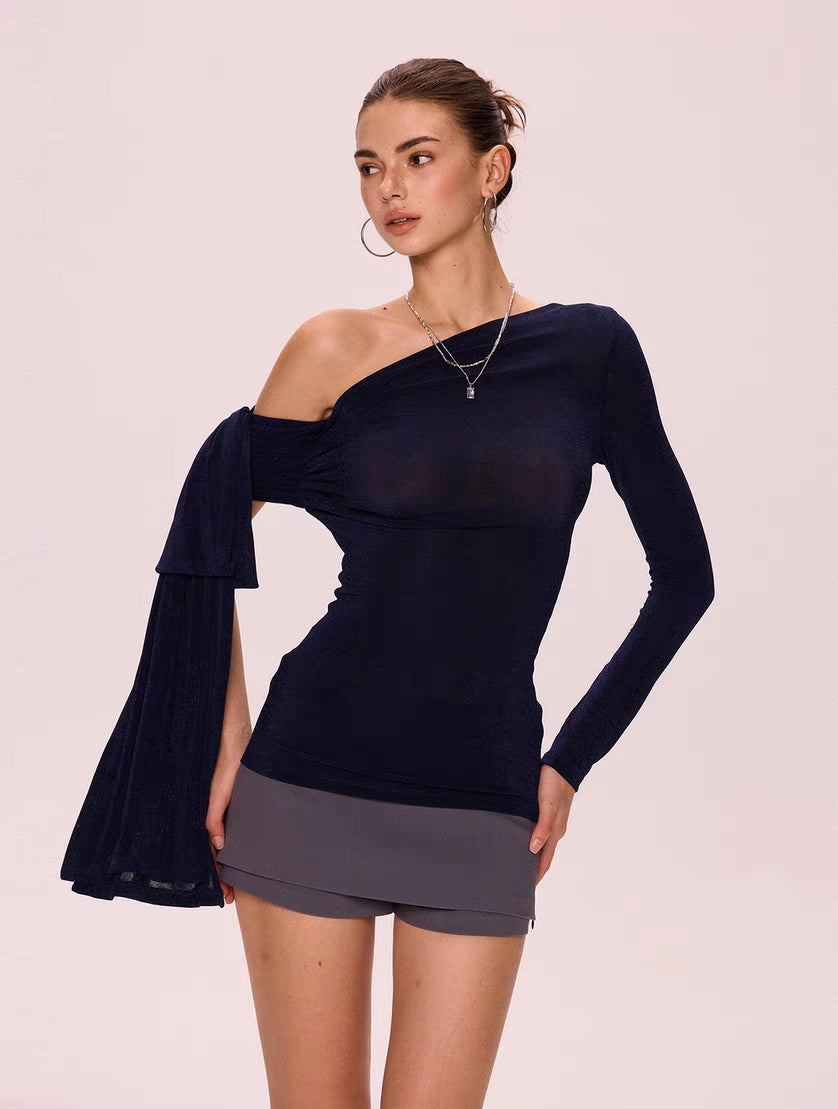 Asymmetric One-Shoulder Tie-Sleeve Slim Top