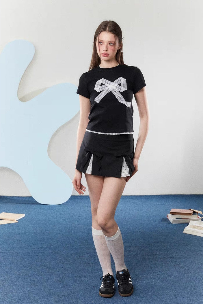 Bow Detail Slit Mini Skirt with Lace Trim