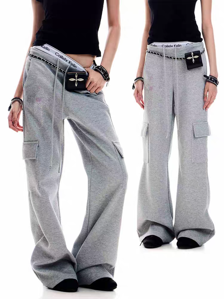 Embroidered Graffiti Wide-Leg Cargo Sweatpants