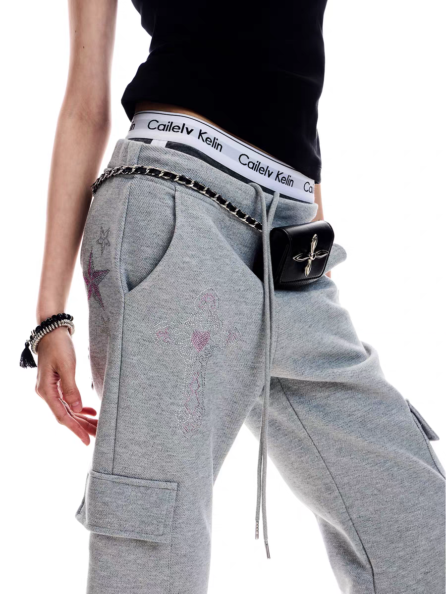 Embroidered Graffiti Wide-Leg Cargo Sweatpants
