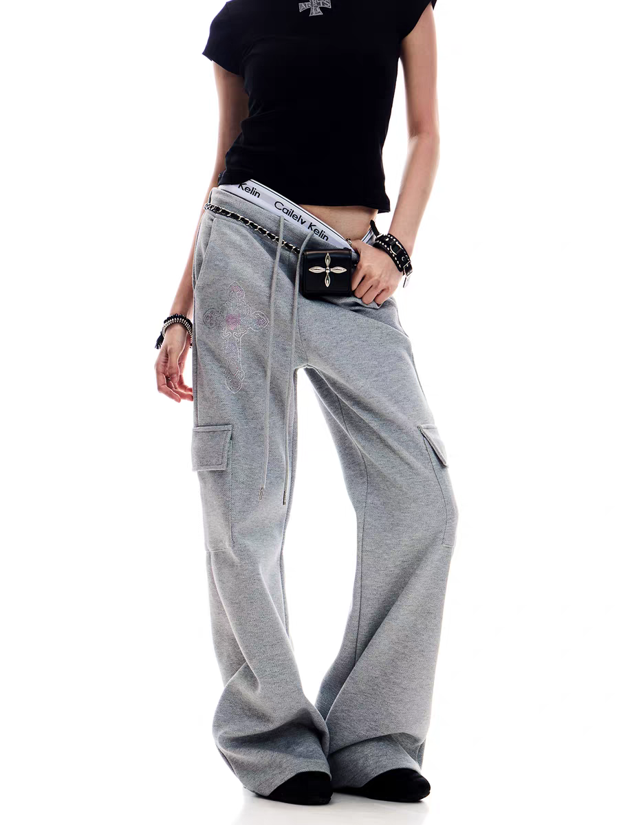 Embroidered Graffiti Wide-Leg Cargo Sweatpants