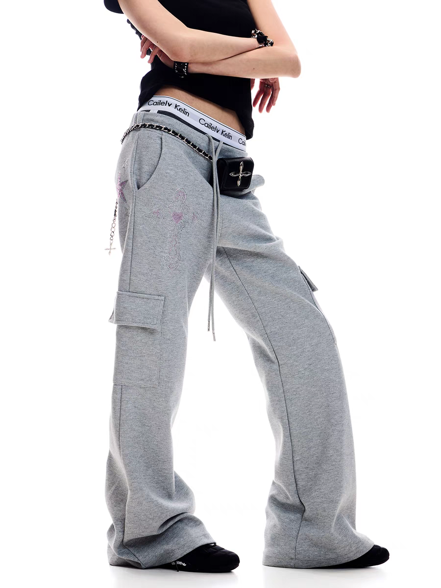 Embroidered Graffiti Wide-Leg Cargo Sweatpants