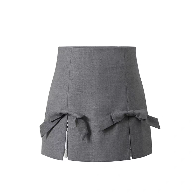 Bow Detail Slit Mini Skirt with Lace Trim