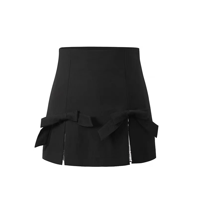 Bow Detail Slit Mini Skirt with Lace Trim