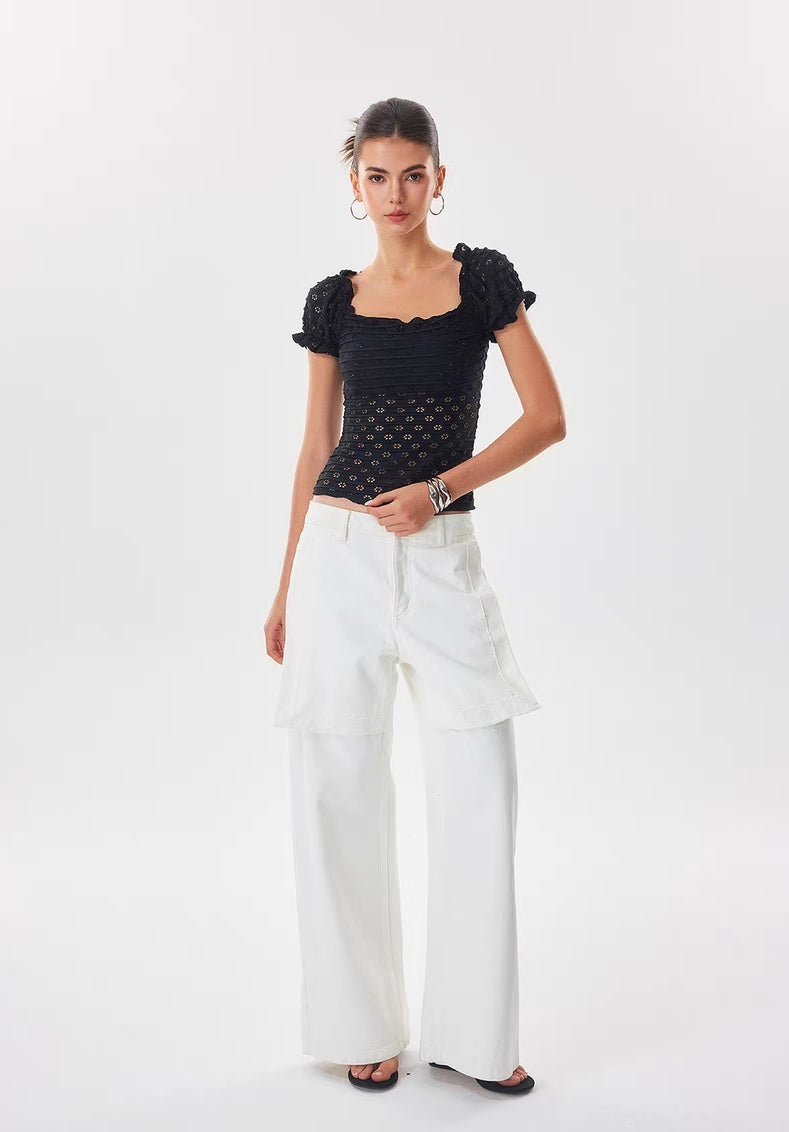 2-Way Wearable Floral Eyelet Puff Sleeve Top