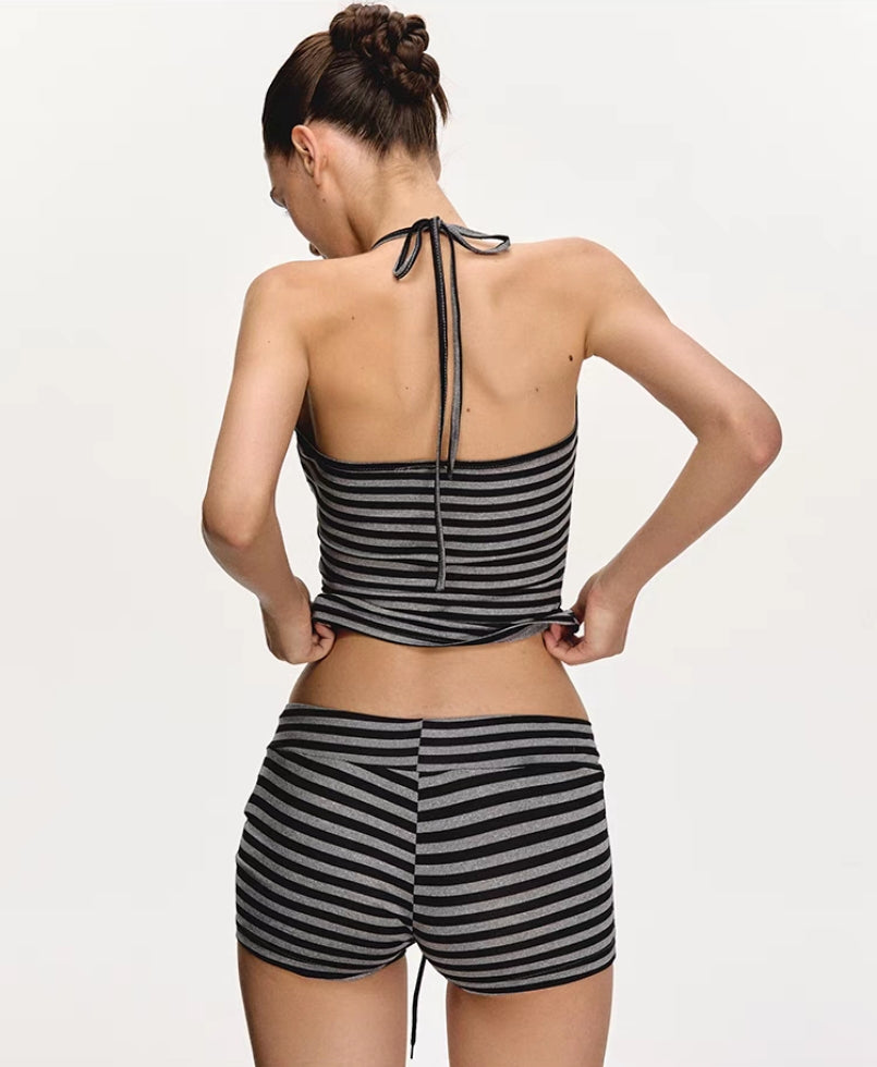 Striped Halter Tank Top & Shorts Lounge Set