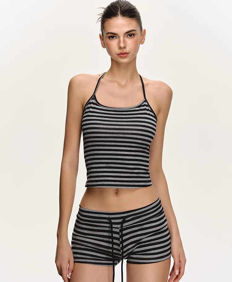 Striped Halter Tank Top & Shorts Lounge Set