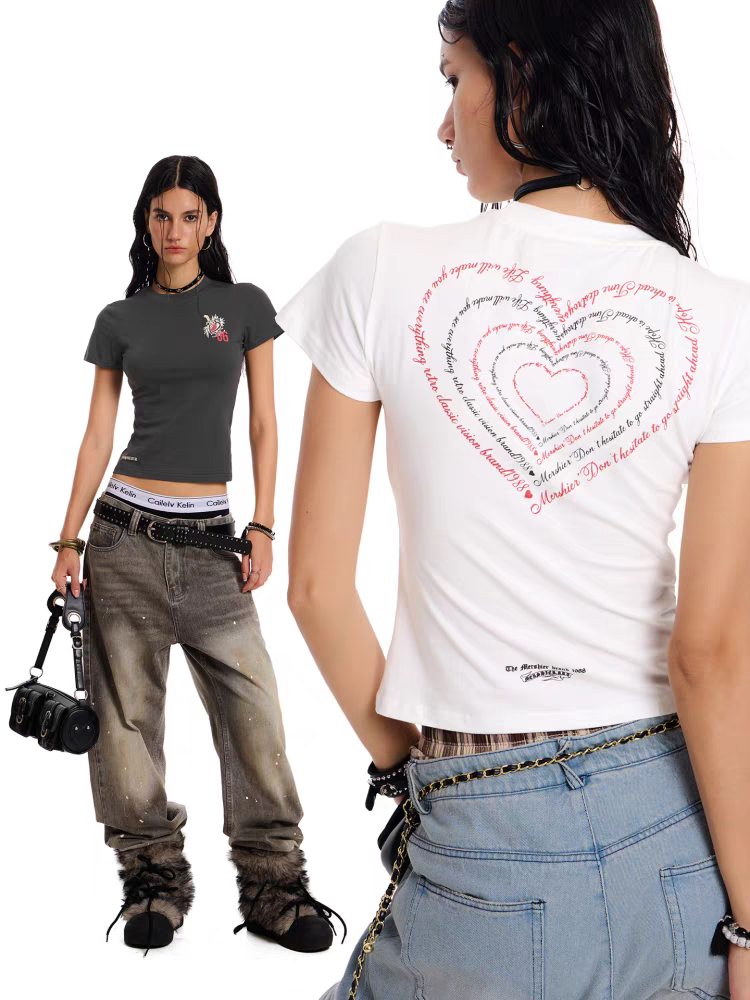 Dragon Graphic Heart Back Print Fitted Tee