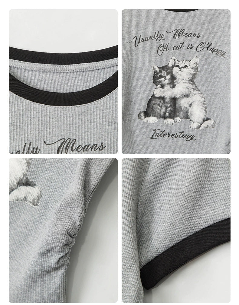 Contrast Trim Cat Graphic Ribbed Baby Tee