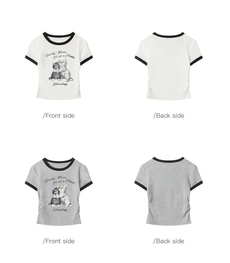Contrast Trim Cat Graphic Ribbed Baby Tee