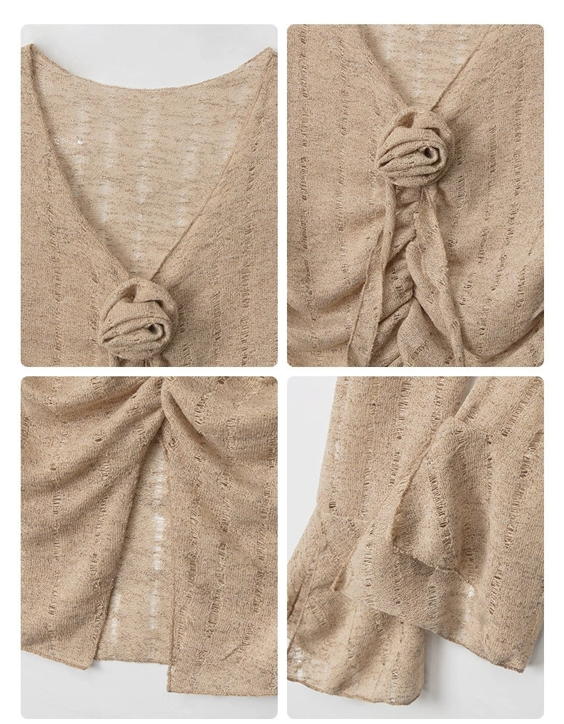 Ruched Rose Tie Front Flared Sleeve Cardigan Top