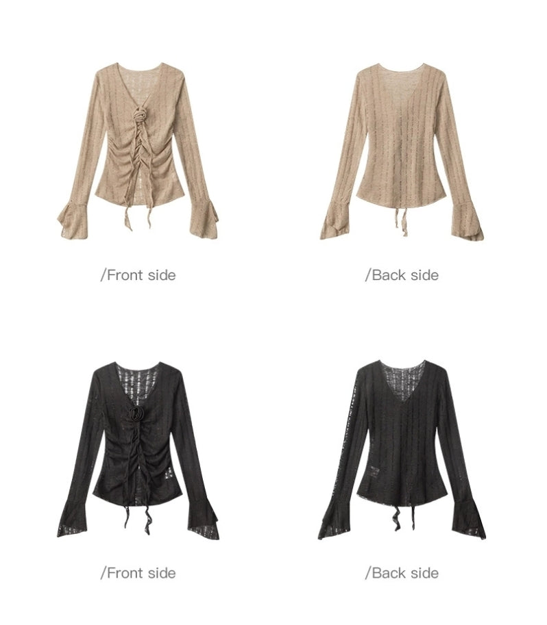 Ruched Rose Tie Front Flared Sleeve Cardigan Top