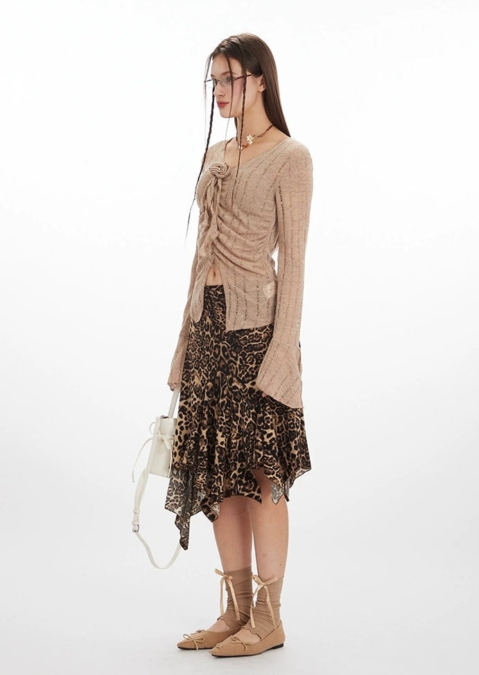 Ruched Rose Tie Front Flared Sleeve Cardigan Top