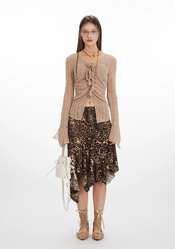 Ruched Rose Tie Front Flared Sleeve Cardigan Top