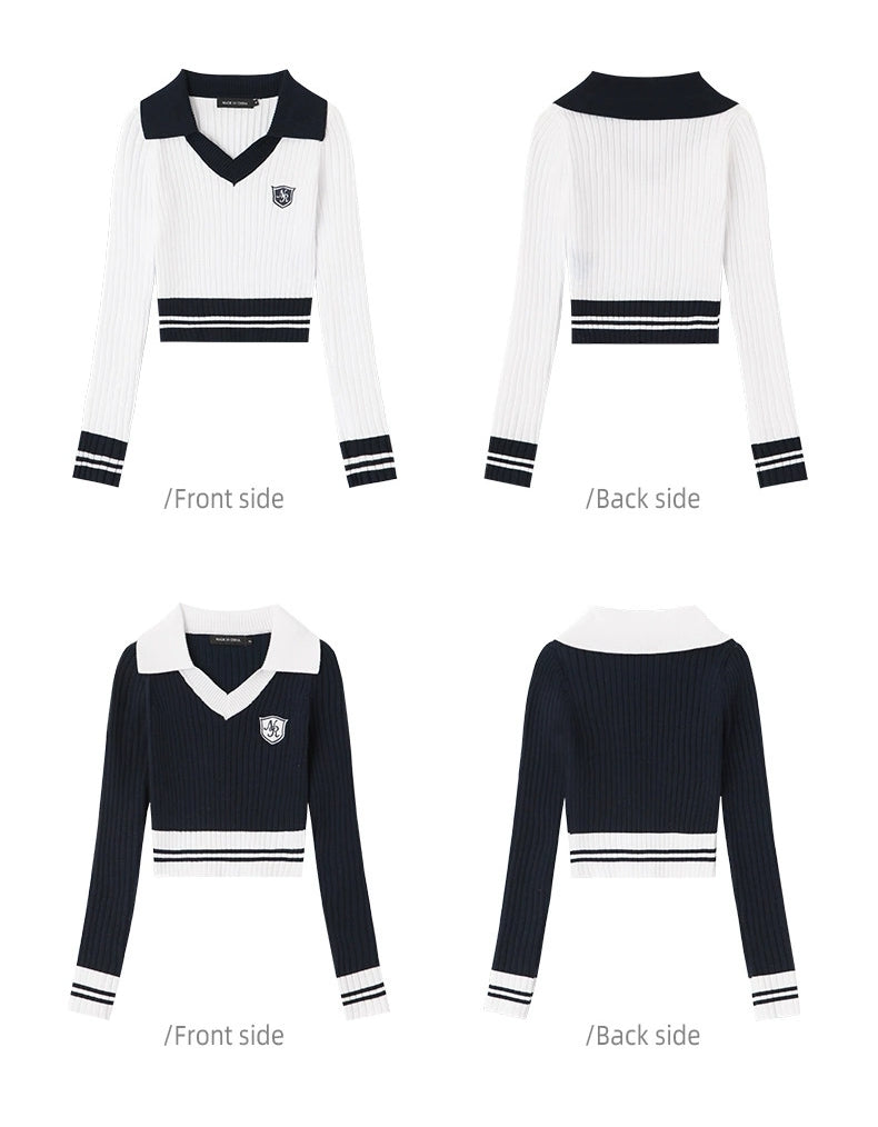 Contrast Collar Ribbed Knit Crop Top with Badge Detail