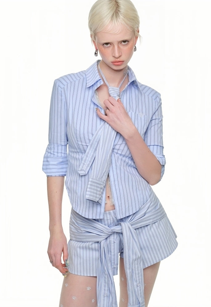 Striped Shirt and Shorts Co-ord Set with Tie Detail