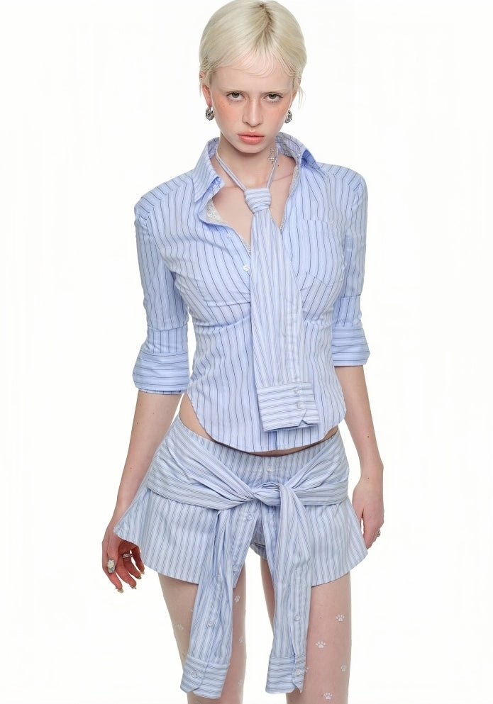 Striped Shirt and Shorts Co-ord Set with Tie Detail
