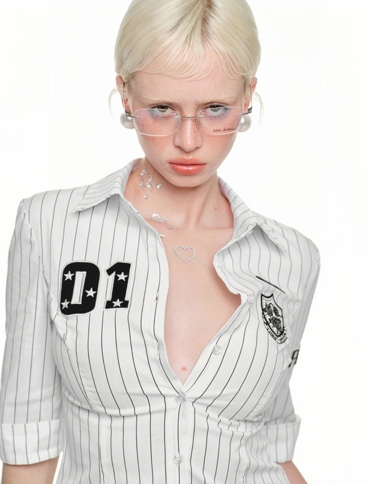 Y2K Pinstripe Badge Fitted Shirt
