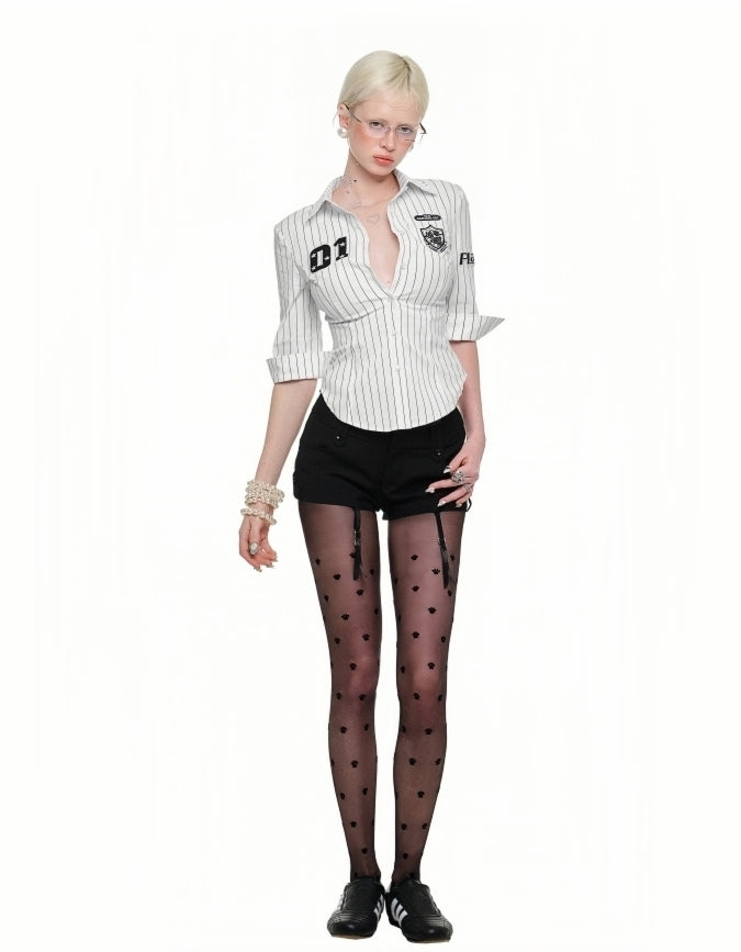 Y2K Pinstripe Badge Fitted Shirt