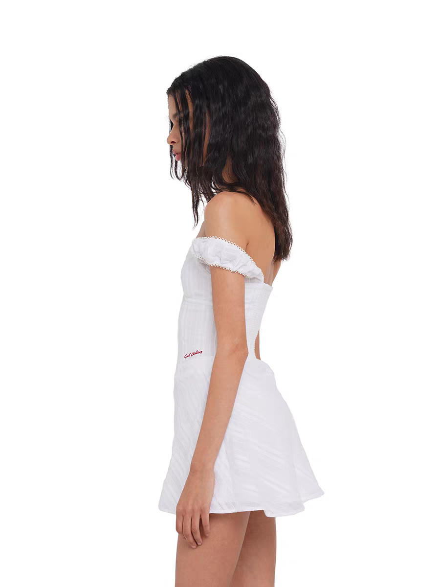Off-Shoulder Eyelet White Mini Dress with Ruffled Hem