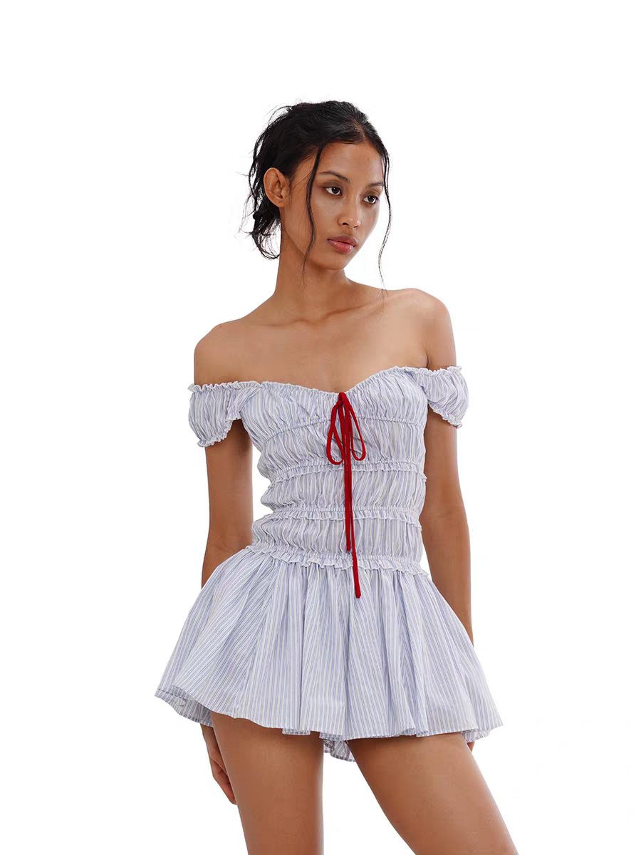 Ruched Off-Shoulder Striped Cotton Mini Dress