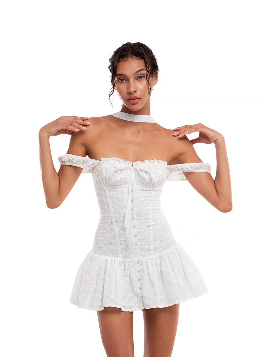 White Off-Shoulder Broderie Mini Dress