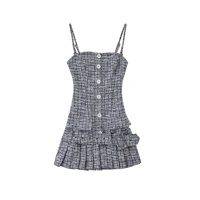 French Vintage Tweed Strap Mini Dress