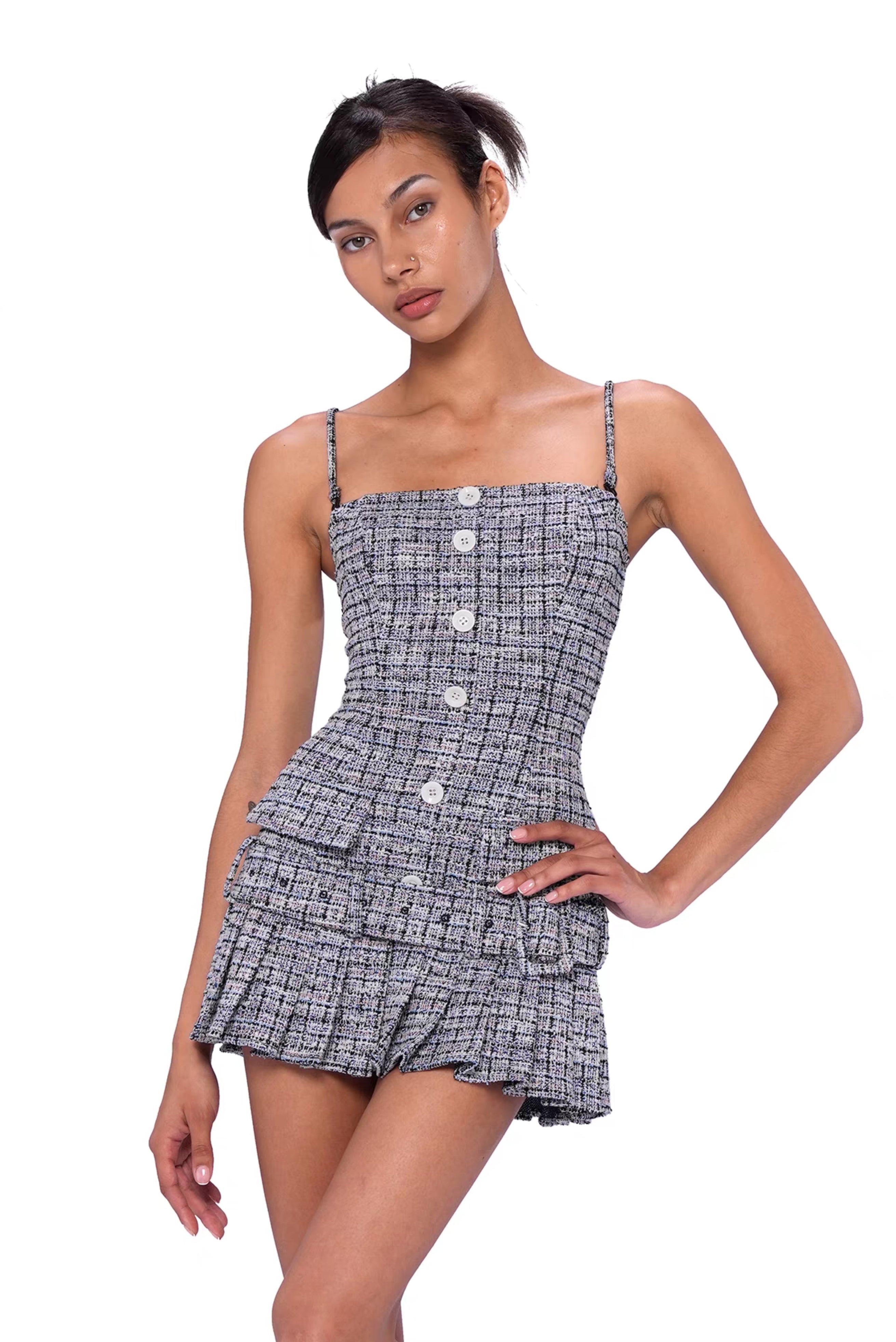 French Vintage Tweed Strap Mini Dress