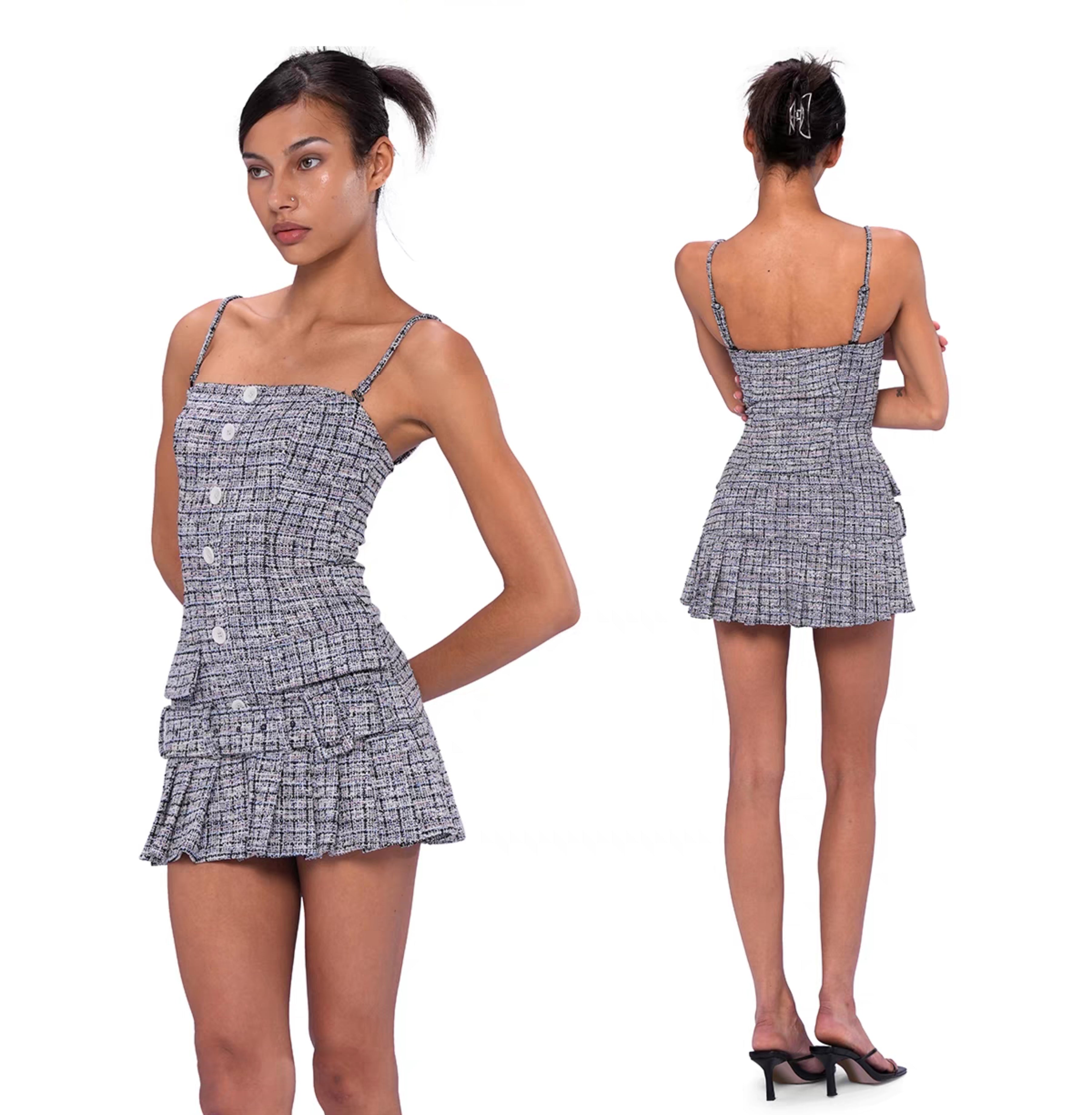 French Vintage Tweed Strap Mini Dress