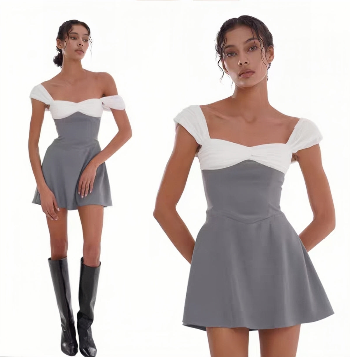 Two-Tone Off-Shoulder Sweetheart Mini Dress