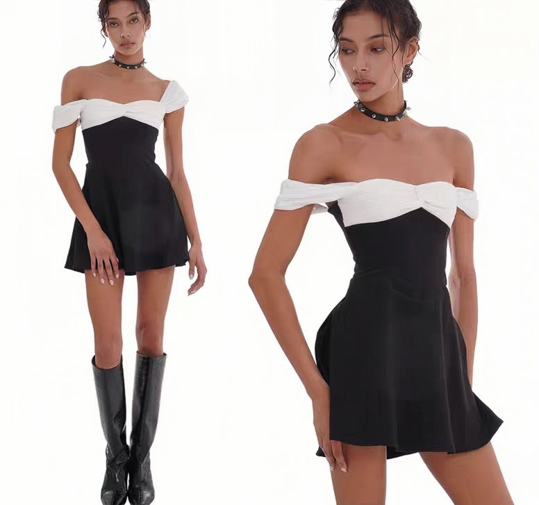 Two-Tone Off-Shoulder Sweetheart Mini Dress