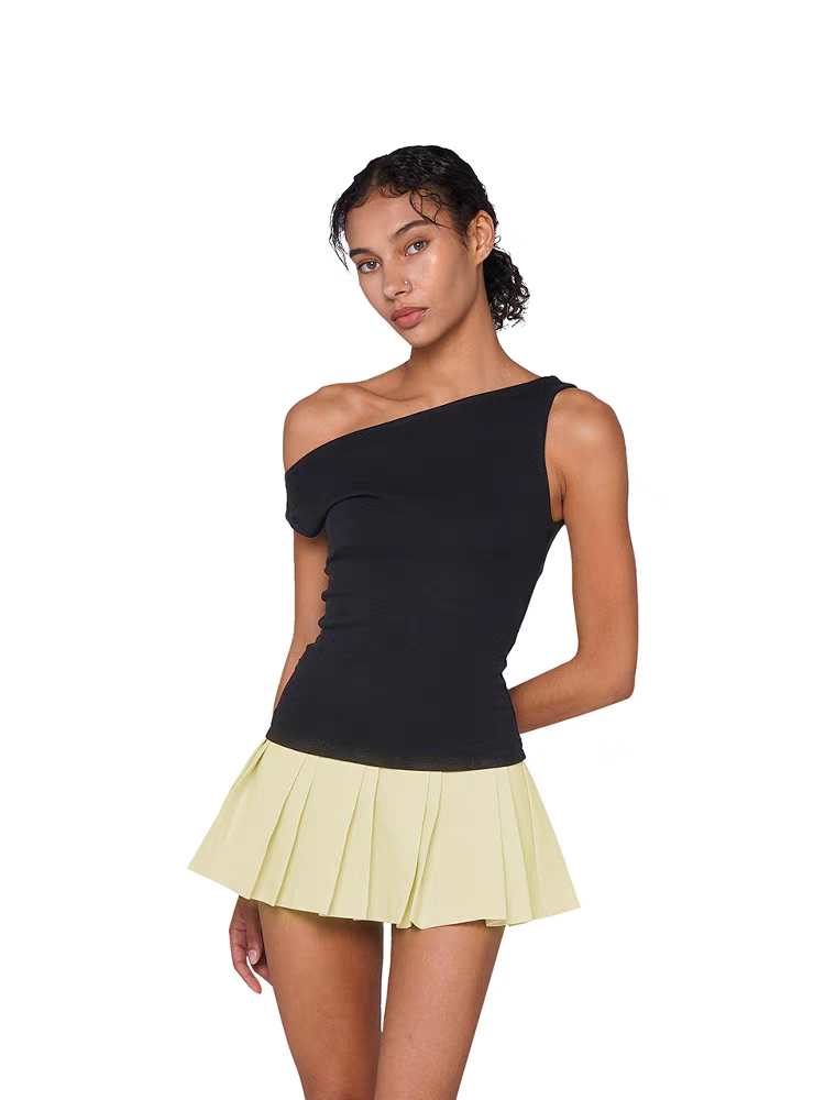 Asymmetric Shoulder Pleated Mini Dress