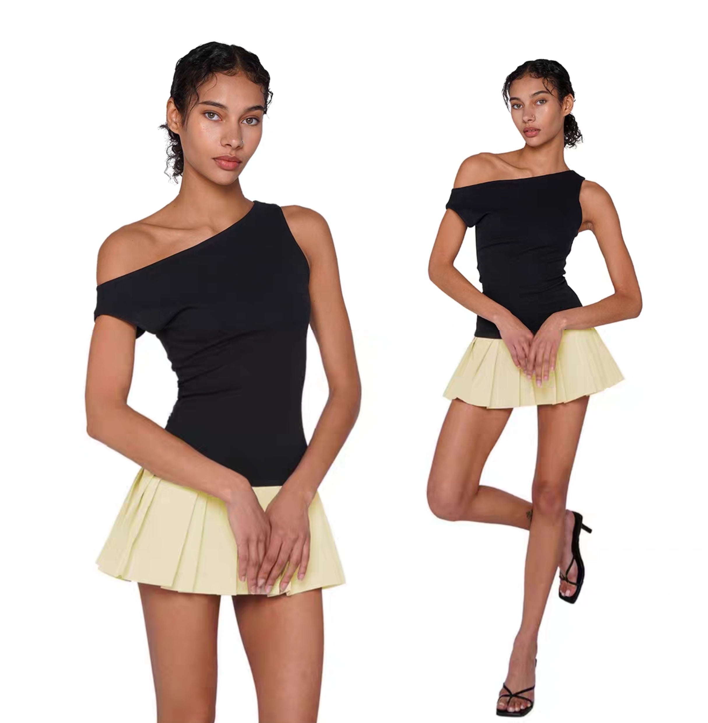 Asymmetric Shoulder Pleated Mini Dress