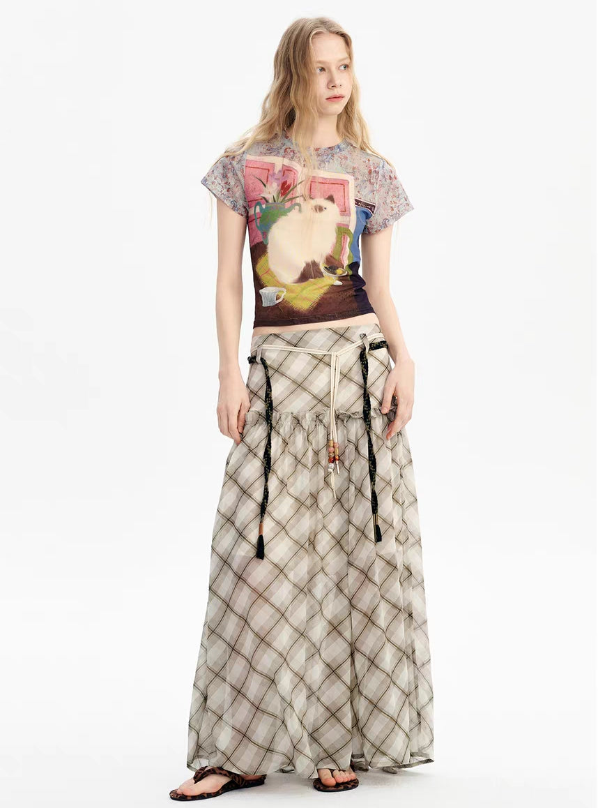 Vintage Cat Mesh Print Slim Fit Tee