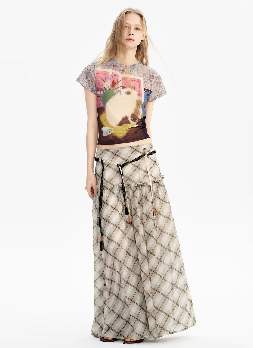 Vintage Cat Mesh Print Slim Fit Tee