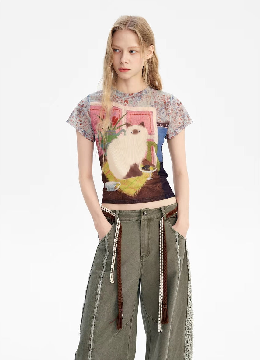 Vintage Cat Mesh Print Slim Fit Tee